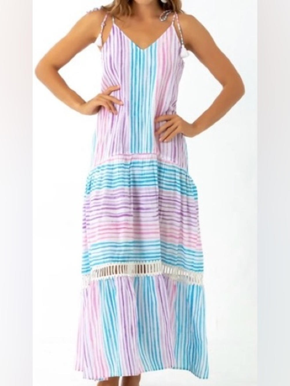 BINDU Pastel Stripe Maxi Dress w Crochet Trim & Tassels White Pink Blue & Purple